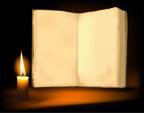 Sfondo con vecchio libro, candela e candela. Illustrazione vettoriale . — Vettoriale Stock