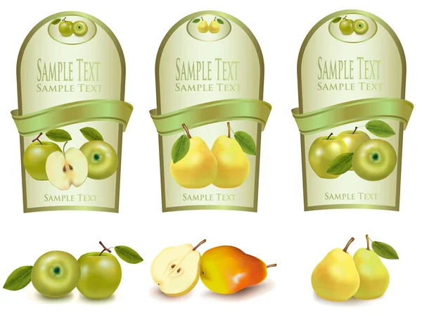 Etichette dorate con diversi tipi di frutta. Vettore . — Vettoriale Stock