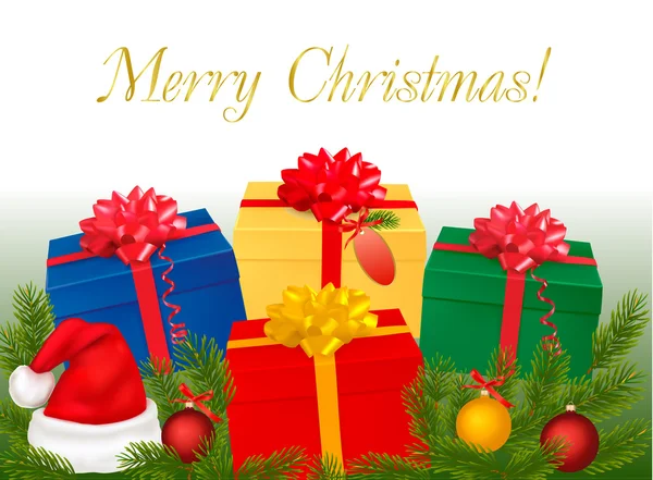 Vánoční pozadí s dárky a vánoční strom větví. vektor. — Stockový vektor
