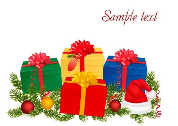Vánoční pozadí s dárky a vánoční strom větví. vektor. — Stockový vektor