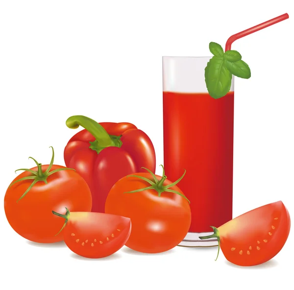 Um copo de suco de tomate, alguns tomates e manjericão. Vetor — Vetor de Stock