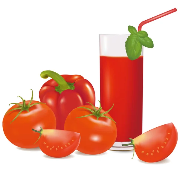 stock vector A glass of tomato juice, some tomatoes and basil. Vector