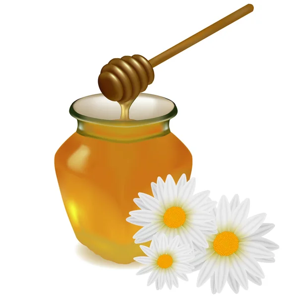 Miele con bastone di legno e fiori. Illustrazione vettoriale . — Vettoriale Stock