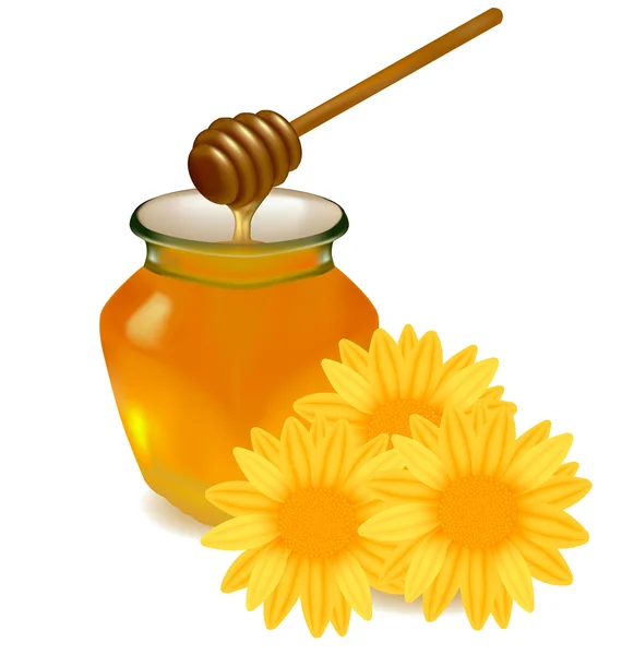 Honey with wood stick and flowers. Vector illustration. — Stock Vector