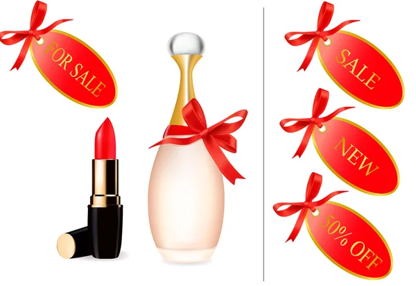 Red lipstick and perfume bottle with discount cards. Vector — Stock Vector