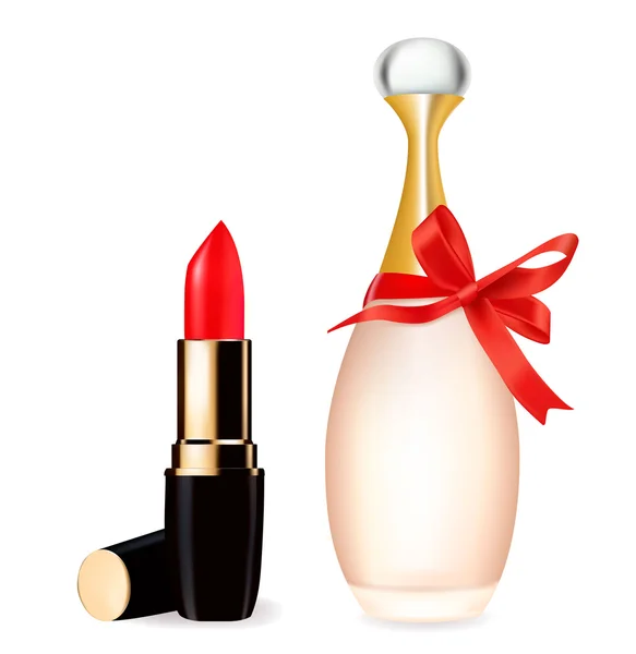 Lápiz labial rojo y frasco de perfume. Vector — Vector de stock