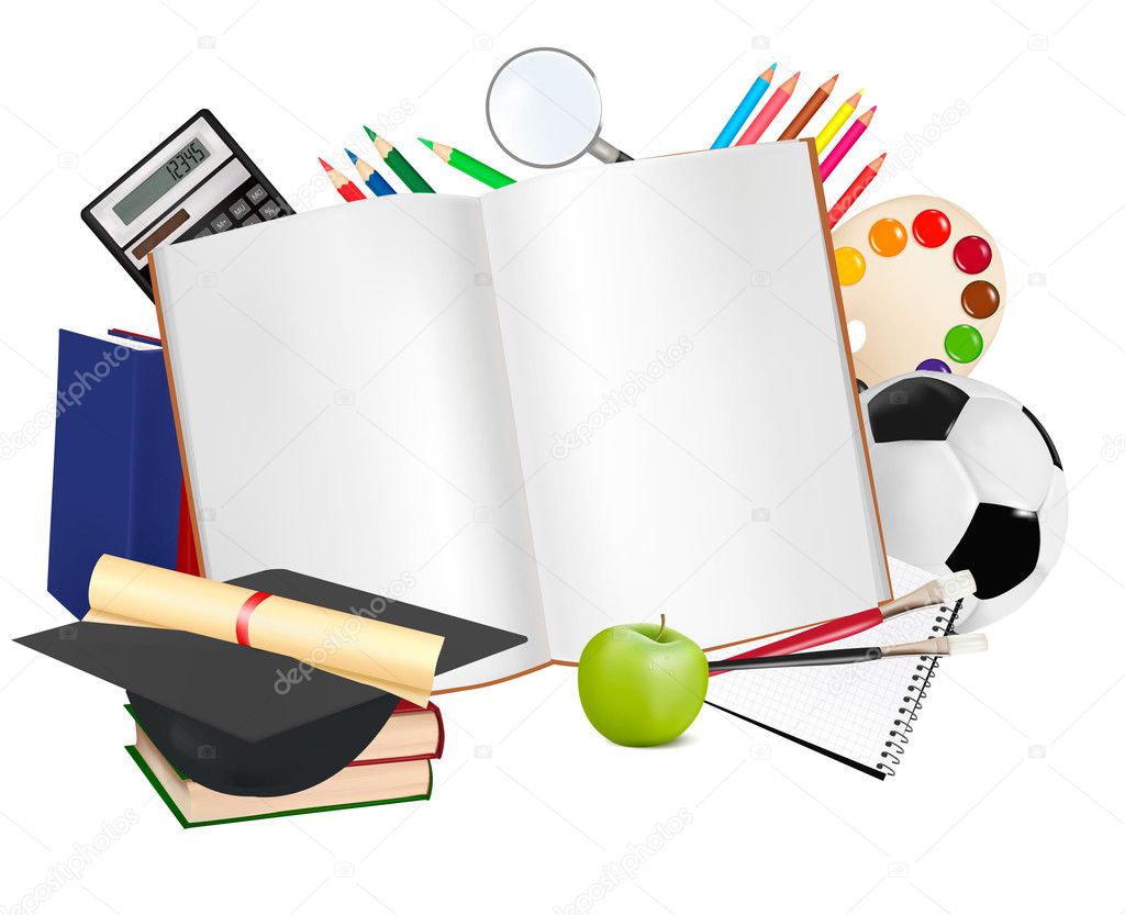 Back to school. Notepad with school supplies. Vector.