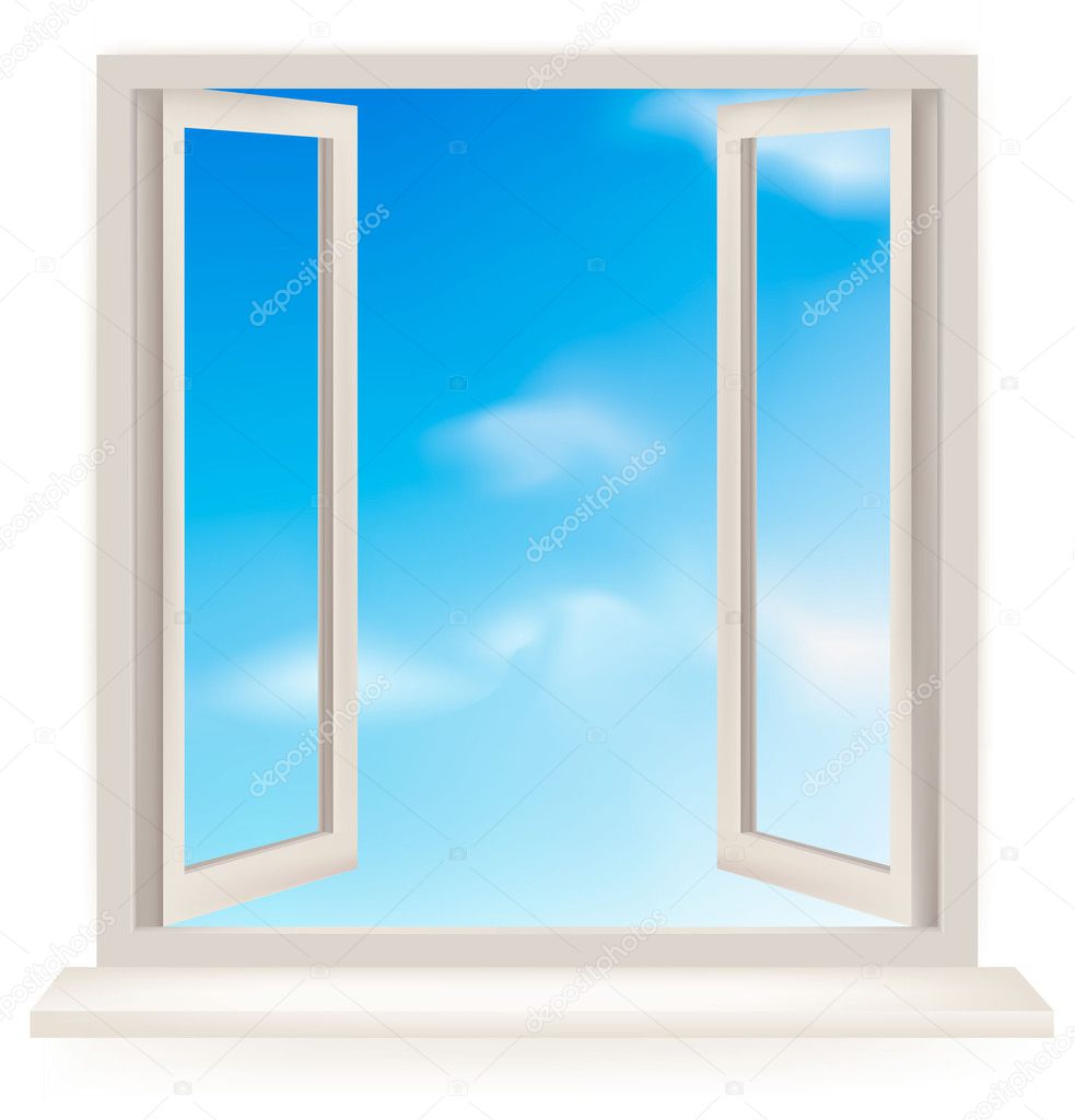 Open window against a white wall and the cloudy sky. Vector