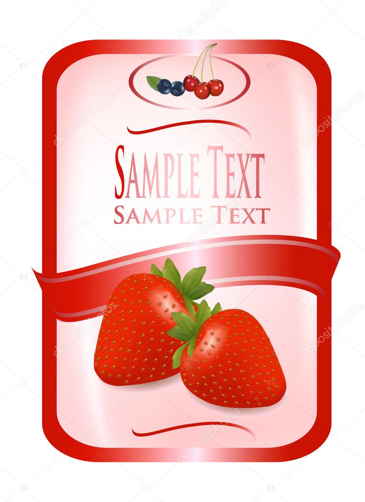 Red label with ripe strawberries. Vector