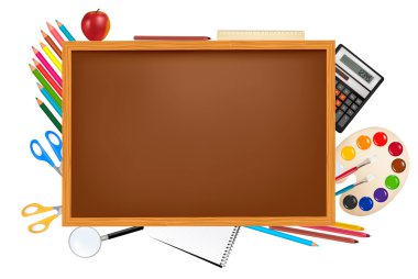 Back to school. Black desk with school supplies. Vector. clipart