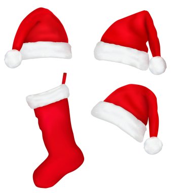 Three red santa hats and christmas stocking. Vector illustration. clipart