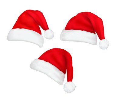 Collection of red santa hats with and Christmas holly. Vector. clipart