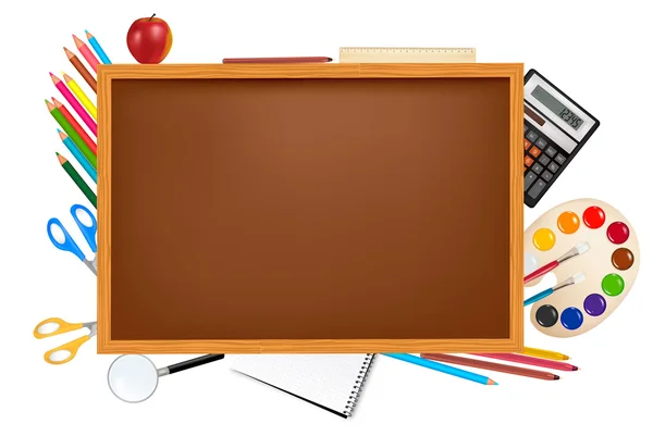 Je retourne à l'école. Bureau brun avec fournitures scolaires. Vecteur . — Image vectorielle