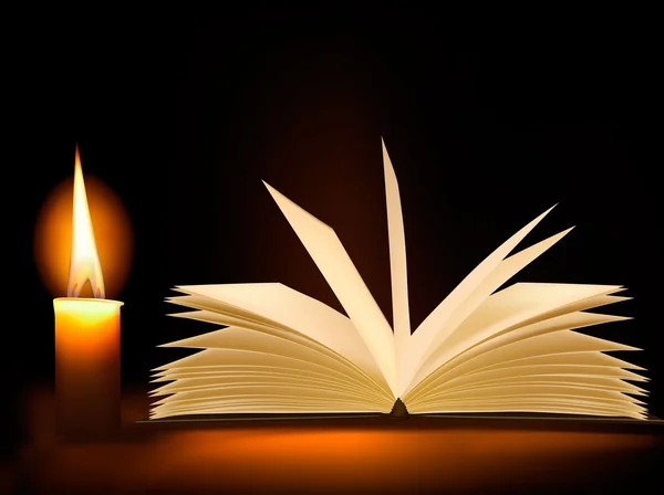 Un vecchio libro e una candela. Vettore . — Vettoriale Stock