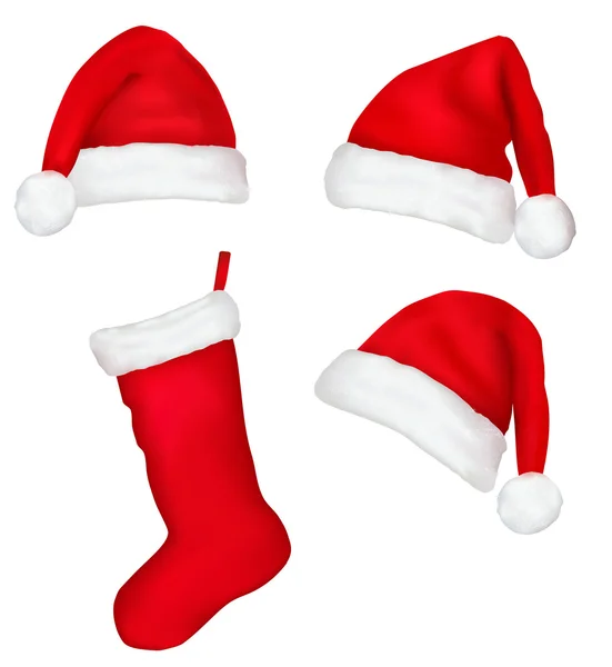 Três chapéus vermelhos de Pai Natal e meia de Natal. Ilustração vetorial . — Vetor de Stock