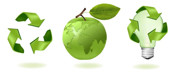 Grüner Apfel mit Weltkarte und großen Öko-Symbolen. Vektor. — Stockvektor