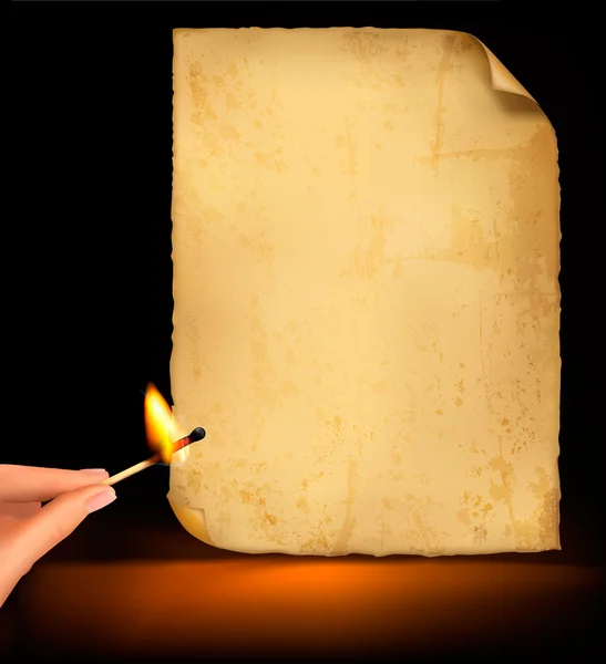 Hintergrund mit altem Papier und einer Hand, die ein brennendes Streichholz hält. Vektorillustrationen — Stockvektor