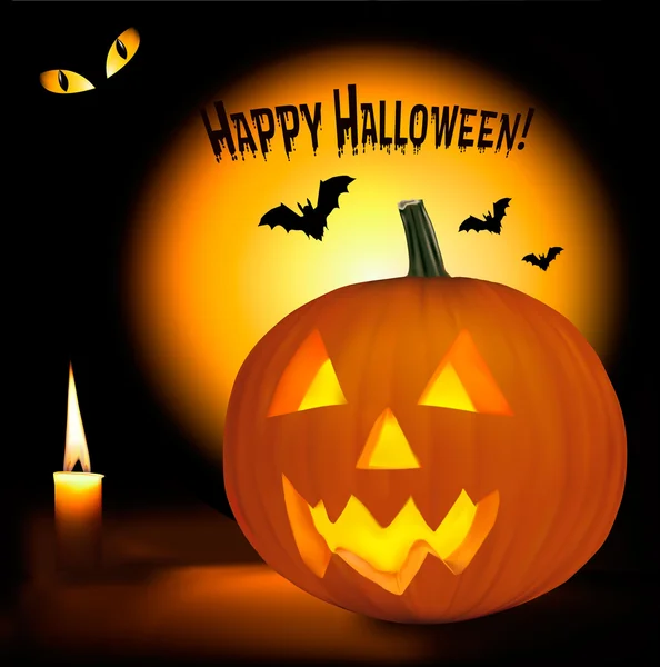Sfondo di Halloween con zucche spaventose, pipistrelli, occhi di gatto e una candela. Vect — Vettoriale Stock