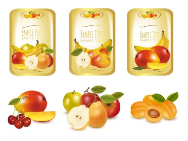 Gold labels with different sorts of fruit. Vector. clipart