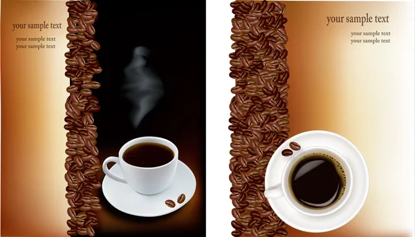 Dos diseños con taza de café y granos de café. Vector . — Vector de stock