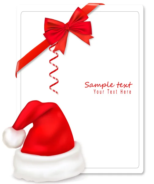 Arc rouge avec rubans et chapeau de Père Noël. Vecteur . — Image vectorielle