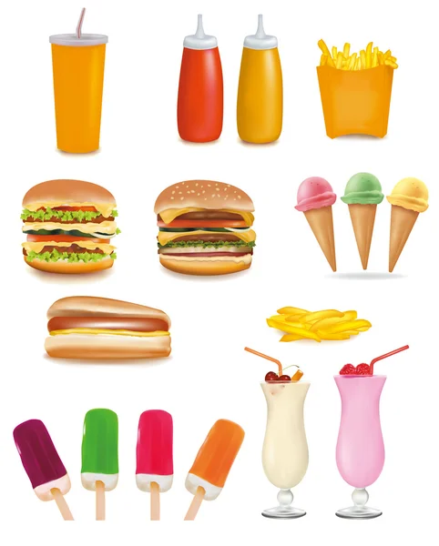 Duży zestaw produktów fast food. Ilustracja wektorowa. — Wektor stockowy