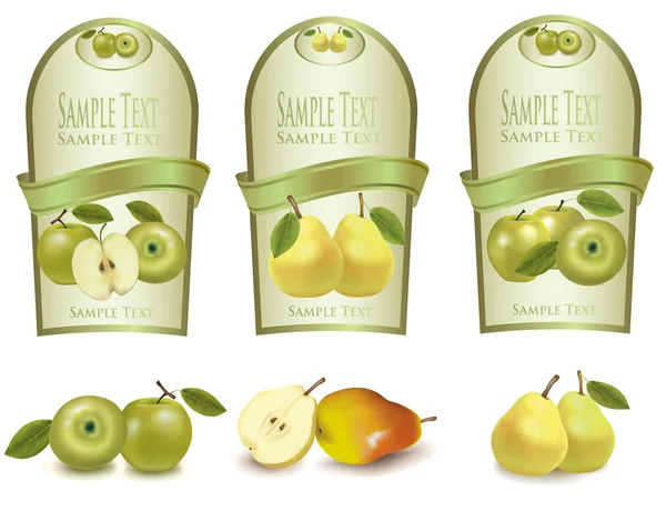 Trois étiquettes vertes avec différentes sortes de fruits. Vecteur . — Image vectorielle