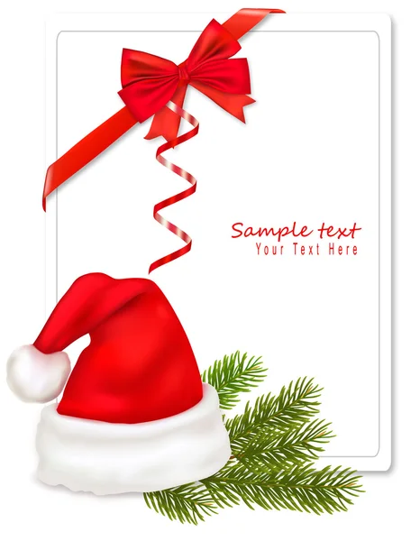 Arco vermelho com fitas e chapéu de Pai Natal. Vetor . — Vetor de Stock