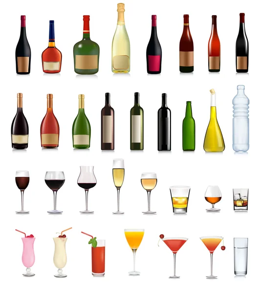Conjunto de diferentes bebidas y botellas. Ilustración vectorial . — Vector de stock