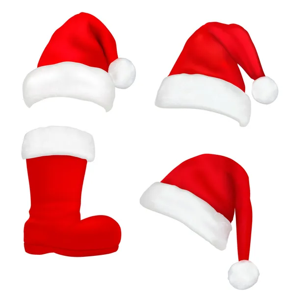 Ensemble de chapeaux et de bottes de Père Noël rouges. Vecteur . — Image vectorielle