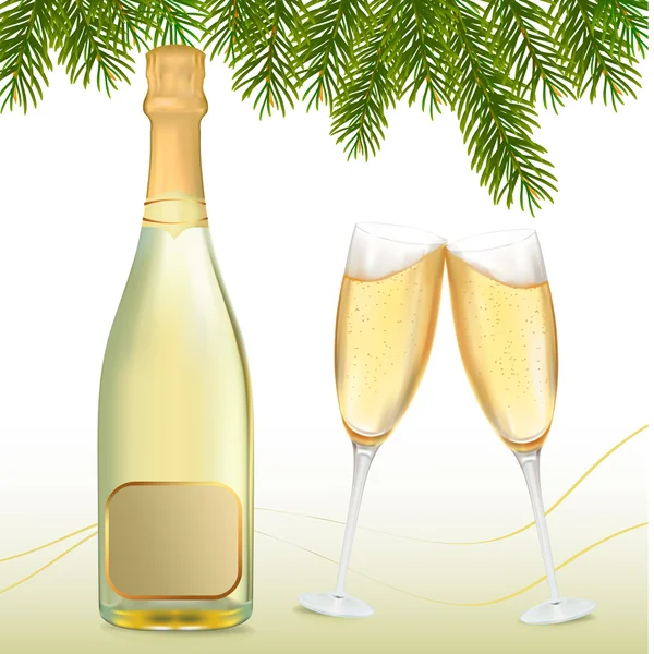 Ilustración vectorial. Dos copas de champán y botella — Vector de stock