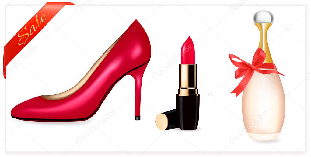 Sexy high heel shoes shoes and lipstick. Vector illustration.