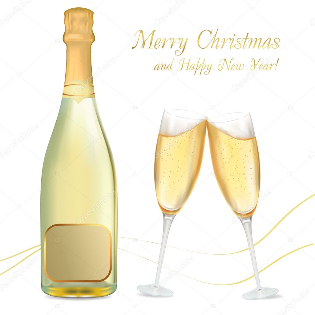 Vector illustration. Two glasses of champagne and bottle