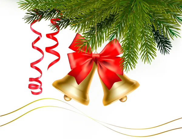 Biglietto natalizio con campanelli e fiocco. Illustrazione vettoriale . — Vettoriale Stock