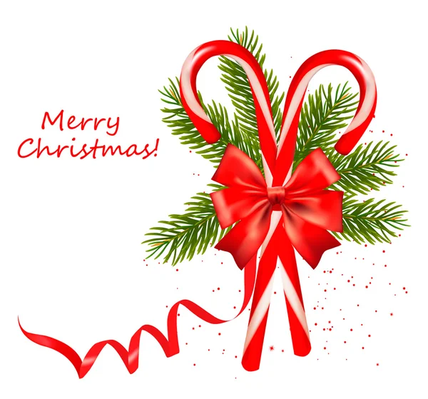 Glänsande röd jul godis sockerrör med rosett. vektor illustration. — Stock vektor