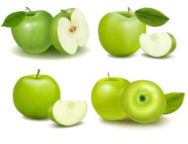 Set of green apple fruits with cut and green leaves. Vector clipart