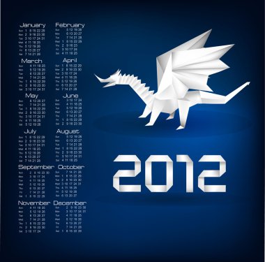 origami ejderha ile 2012 yılı takvimi. vektör.