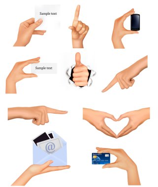 Set of hands holding different business objects. Vector illustration clipart