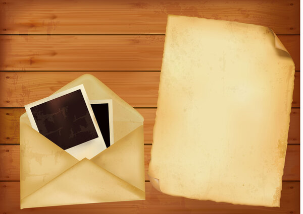 Old envelope with photos and old paper on wooden background. Vector.