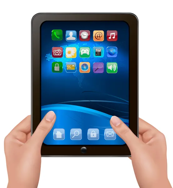 Mains tenant ordinateur tablette numérique avec des icônes. Illustration vectorielle — Image vectorielle