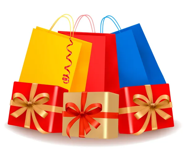 Verzameling van holiday shopping tassen en geschenkdozen met verkoop label. concept — Stockvector