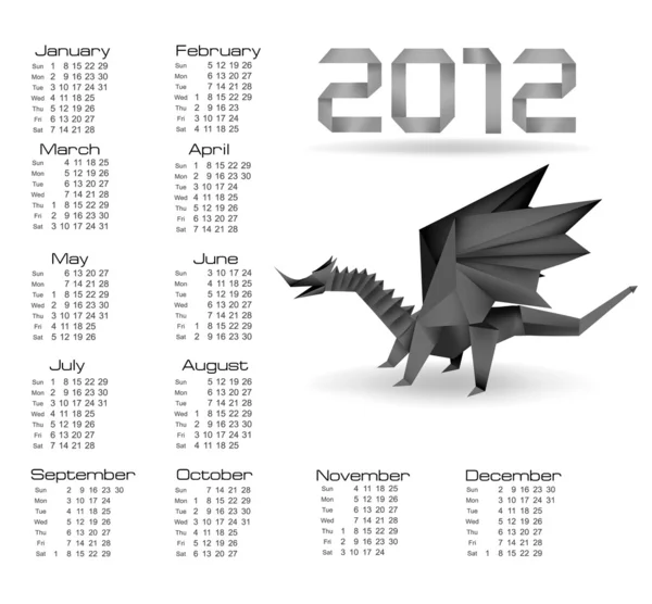 2012 year calendar with black origami dragon. Vector. — Stock Vector