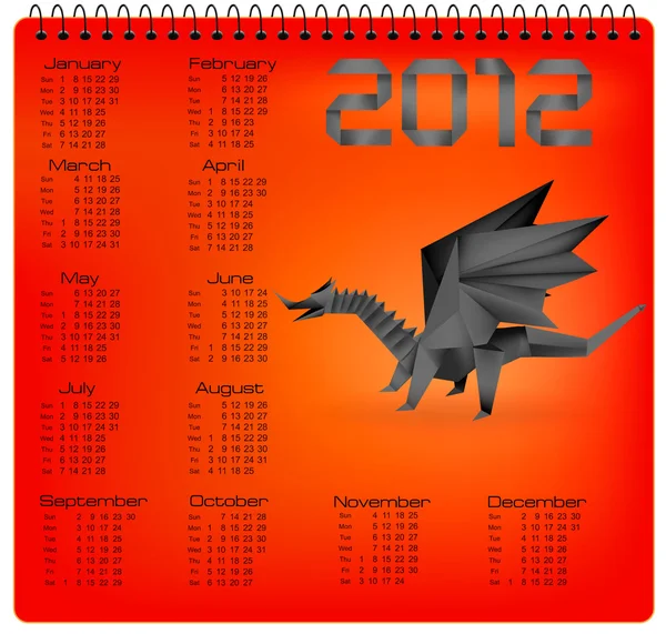 2012 year calendar with black origami dragon. Vector. — Stock Vector