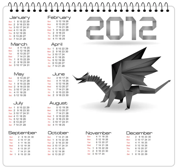 Siyah origami ejderha ile 2012 yılı takvimi. vektör. — Stok Vektör