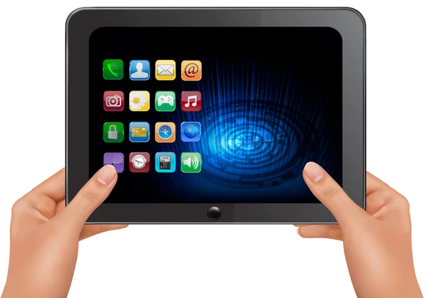 Mãos segurando computador tablet digital com ícones. Ilustração vetorial — Vetor de Stock