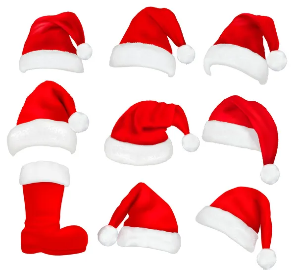 Un bel paio di cappelli da Babbo Natale rossi e stivali. Vettore . — Vettoriale Stock