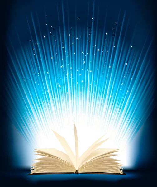 魔法の光と魔法の本を開いた。ベクトル イラスト. — ストックベクタ