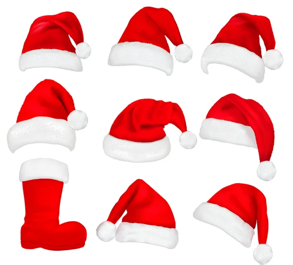 Um grande conjunto de chapéus vermelhos de Pai Natal e botas. Vetor . Ilustração De Bancos De Imagens