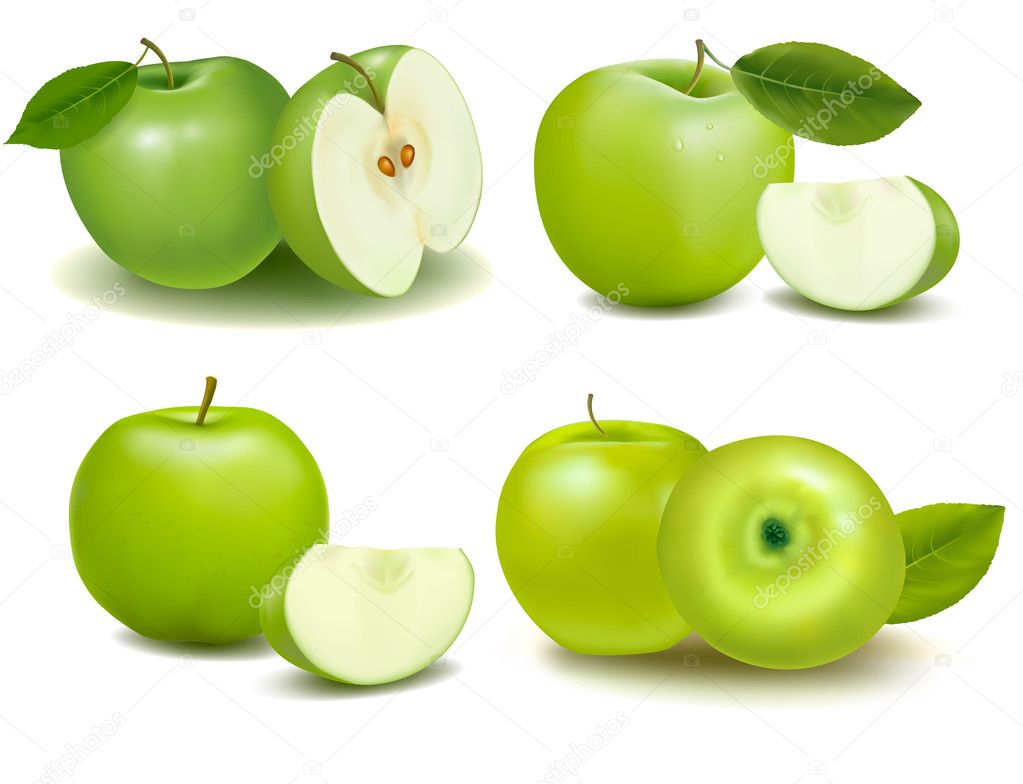 Set of green apple fruits with cut and green leaves. Vector