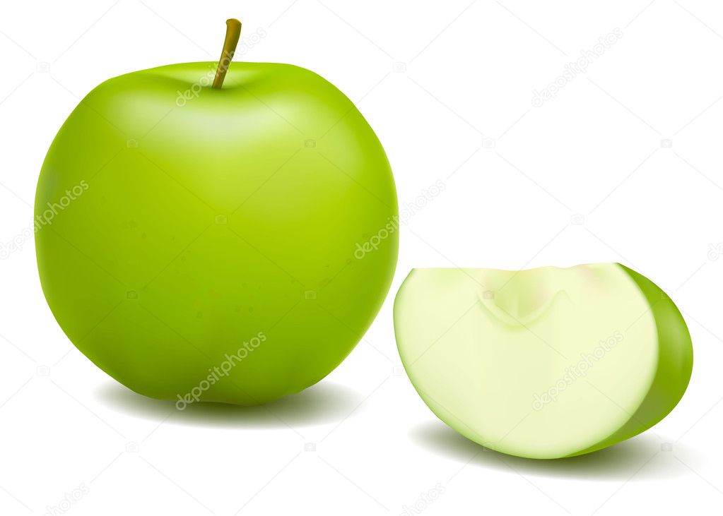 Fresh green apples with green leafs. Vector.